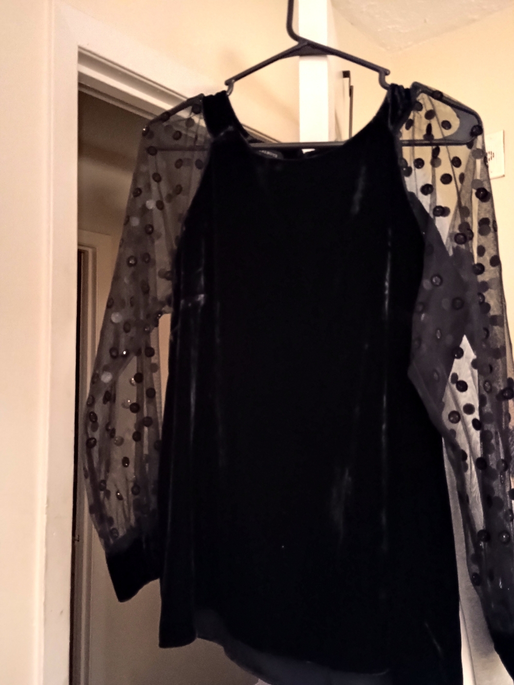 Talbots Black Velvet Blouse with Sheer Polka Dot Sleeves